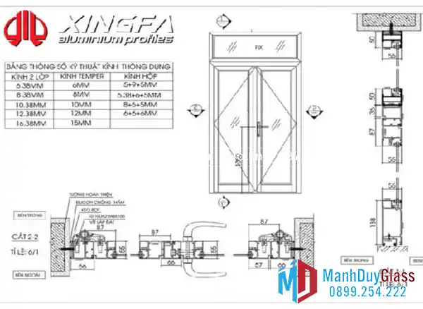 Bản vẽ mặt cắt cửa đi mở quay