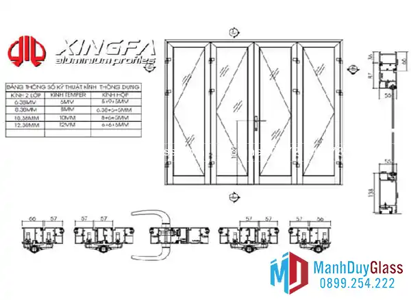 Bản vẽ mặt cắt nhôm Xingfa hệ 55