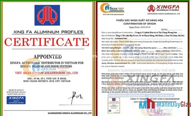 Giấy tờ chứng nhận cửa nhôm Xingfa