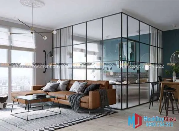 Vách kính khung sắt cho phòng khách