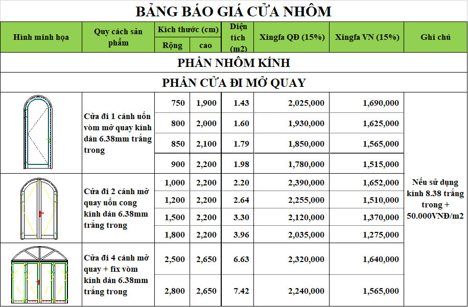 bảng báo giá cửa uốn vòm nhôm xingfa