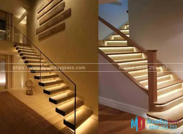 Cầu thang kính màu trà với đèn LED