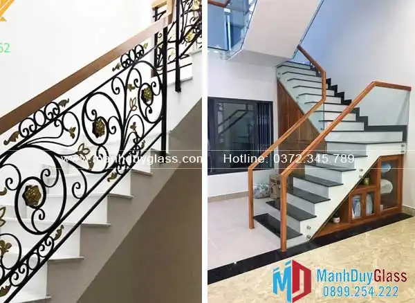 Cầu thang sắt mỹ thuật kết hợp kính